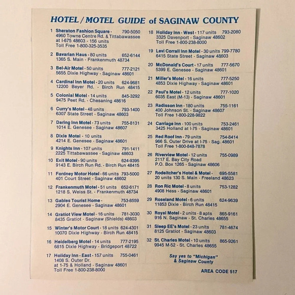 Vintage Saginaw County Hotels Motels State of Michigan Map Brochure Pamphlet - Picture 2 of 10